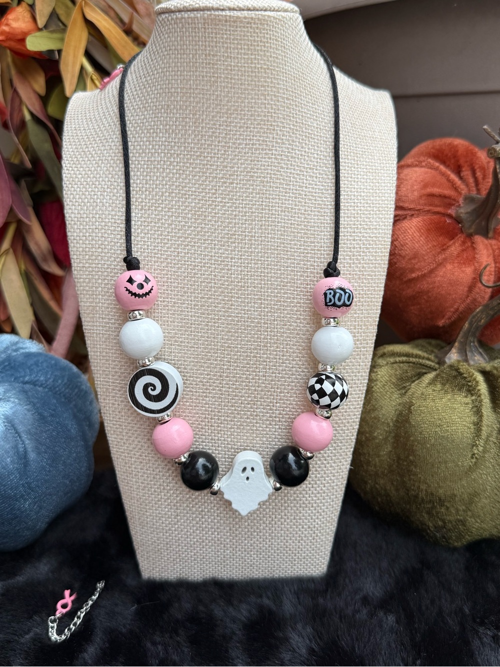 Glam Ghost Halloween Bubblegum Wood Necklace